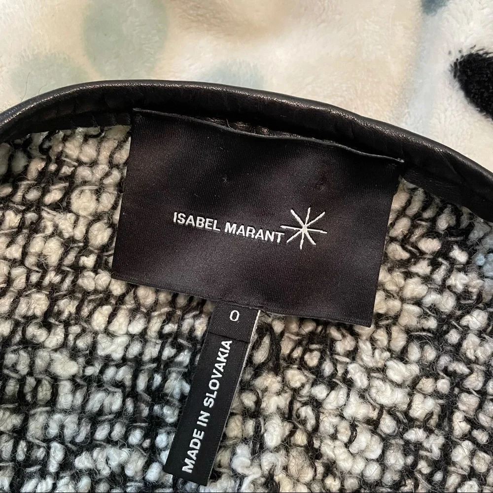 𝅺ISABEL Marant Black & White Tweed with Leather Trim Wool Blend Button Jacket 0 - Picture 6 of 7